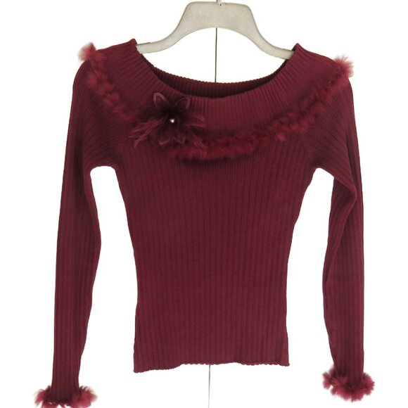Burgundy Rib Knit Silk Blend Sweater with Feathers and Flower Detail.....325 - Picture 1 of 7